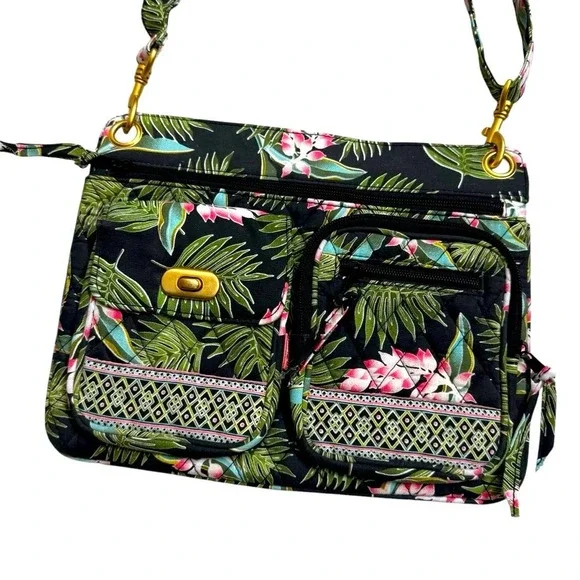 MaggiB Crossbody Purse Topical Green Cotton Quilted Travel Floral Leaves - Picture 2 of 10